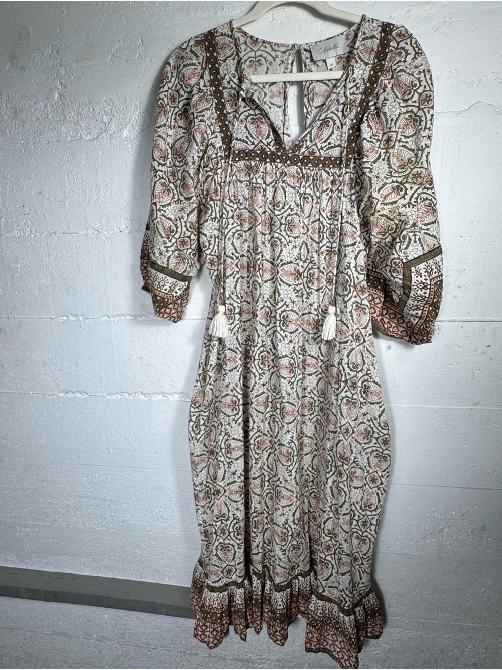 Cleobella Magdalena Midi Dress M $248 Block Print  Floral Made‎ in India